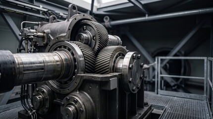 Fototapeta premium Industrial gearbox with large steel gears inside a factory machine room