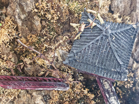 the dark tiled roof of a miniature pagoda model and a weathered red structural railing nestled in textured moss