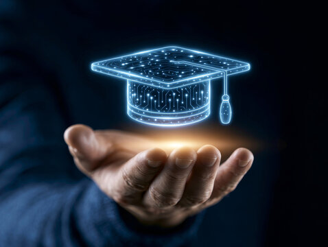 Close-up business's hand, Person holding glowing digital graduation cap symbolizes business training planning learning and coaching concept with futuristic technology and innovation in education