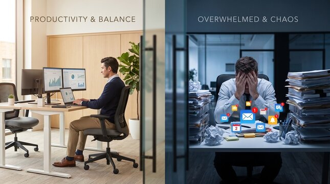 Professional office employee showing productivity and balance on one side while experiencing extreme stress and chaos with heavy workloads on the other side of this split screen composition featuring 