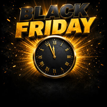 Black friday gold and black text with vintage clock on dark background.