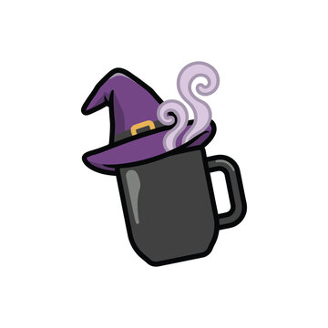 Whimsical Purple Witch Hat on Steaming Coffee Mug - Halloween Magic