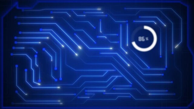 A blue glowing circuit board displays active data flows. This circuit board represents high-tech system operations. Use this circuit board loop for computer sciences.