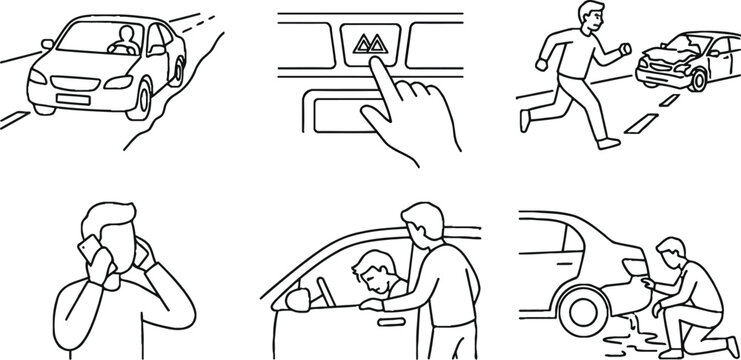 Line art illustration depicting a car accident procedure sequence ideal for roadside assistance insurance claim guides and safety instructions