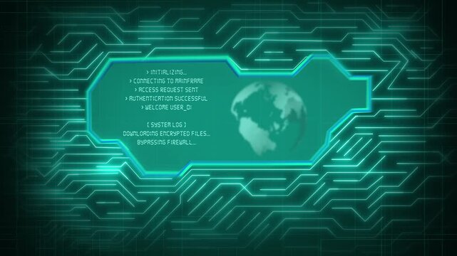 A futuristic digital interface displays a spinning world globe. This digital interface represents global security operations. Use this digital interface loop for networks.