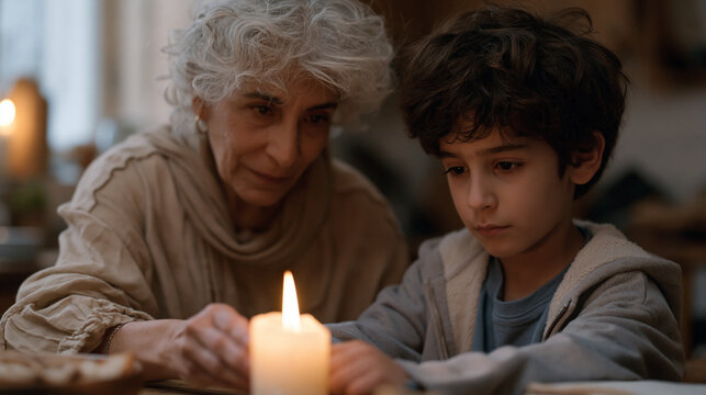 Hanukkah candle lighting ceremony in a family kitchen, an Iranian Jewish grandmother showing a young grandchild how to hold the shamash, candlelit close up, December tradition,