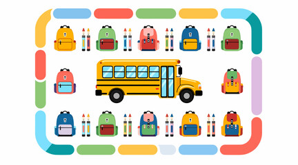 Fototapeta premium School bus and backpacks, colorful illustration for back to school themes