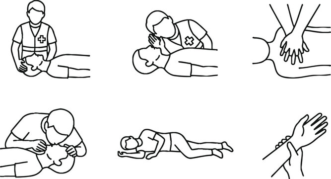 Set of essential first aid and emergency medical procedure icons featuring simple line art illustrations for health education and safety training materials