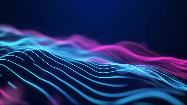 Digital connections appear as harmonized light waves shifting through a dark horizon to showcase the seamless integration of cloud computing and complex data management in modern business.