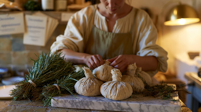A masseur preparing warm herbal poultice compresses for a solstice spa menu in a tiled preparation kitchen, fresh herbs bundled on a marble slab, December appointment cards fanned
