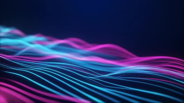 Data flow manifests as glowing vibrant ribbons moving through a dark virtual space to visualize the speed and efficiency of high-bandwidth internet connectivity within a modern global network.