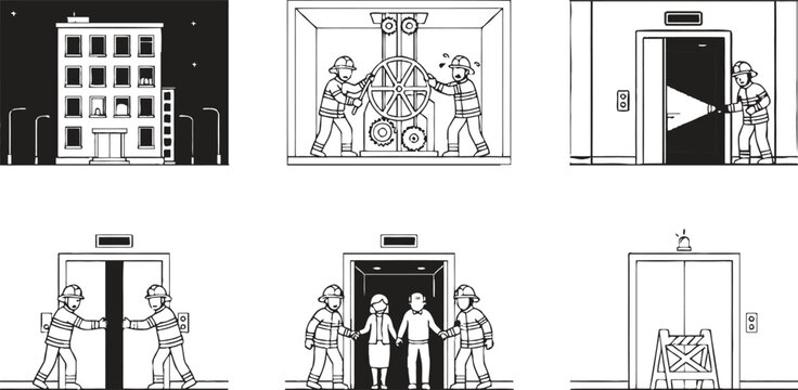 Series of black and white illustrations depicting elevator maintenance repair and breakdown scenarios highlighting safety and service challenges in urban buildings