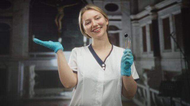 Woman dentist holding dental mirror and probes with gloved hands, palm up presenting in a building; calm reassurance.