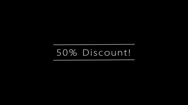Eye-catching displaying the text 50% Discount underlined by thin horizontal lines on a dark black background, effectively communicating a substantial sale or clearance event