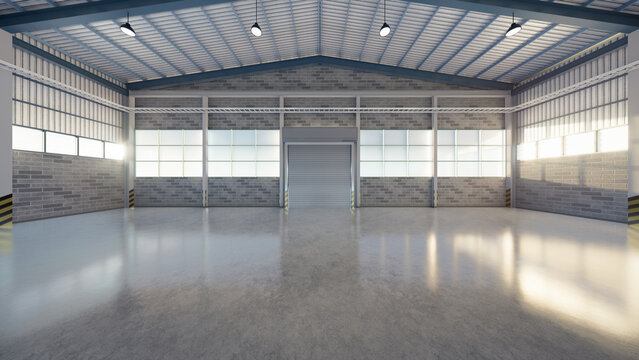 3D industrial warehouse interior background, highres and correctly detail, featuring central roller shutter door, concrete floor, structural steel framework, large windows and bright natural daylight.