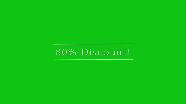 Bold white text "80% Discount!" centered on a bright green background with horizontal lines above and below, signifying a significant sale or clearance event Keywords: sale, discount, promotion