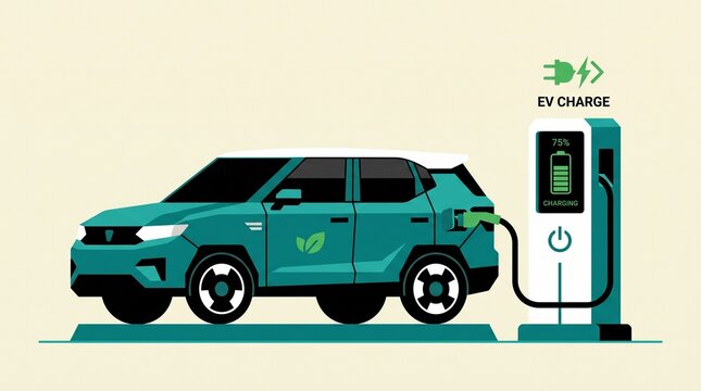  Flat vector illustration of a modern electric SUV connected to a charging station, representing eco-friendly transportation and renewable energy technology.