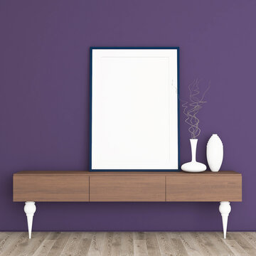 Minimalist Purple Interior Mockup with Wooden Console and Vertical Picture Frame. 52