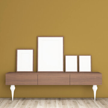 Minimalist Deep Yellow Interior Mockup with Wooden Console and Small Vertical Picture Frame. 50