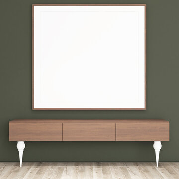 Minimalist Green Interior Mockup with Wooden Console and SquareBig  Picture Frame. 51