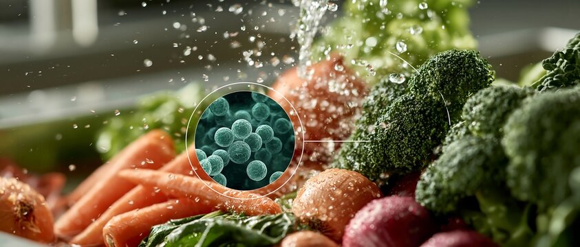 Rinsing fresh vegetables under running water to help remove Cyclospora contamination. Food safety, hygiene and public health concept for preventing foodborne disease before meal preparation