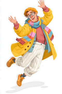 Person in colorful clothing jumps joyfully with arms raised in an indoor setting during daytime