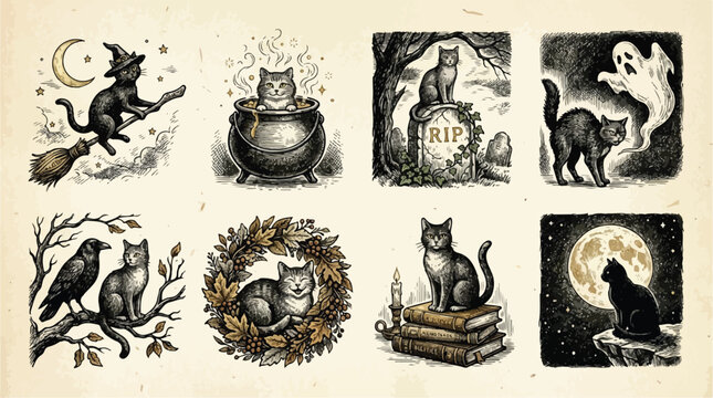 Vintage Halloween black cat sketches with witch hat, cauldron, ghost, tombstone, and full moon on aged paper background.