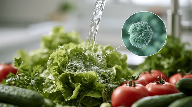 Washing fresh lettuce under running water to reduce Cyclospora contamination risk. Food hygiene, produce safety and kitchen sanitation concept for preventing foodborne illness and protecting public he
