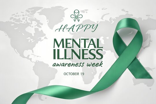 Green ribbon symbol representing mental illness awareness week with a soft world map background and elegant typography designed to promote global support and understanding for those facing various men
