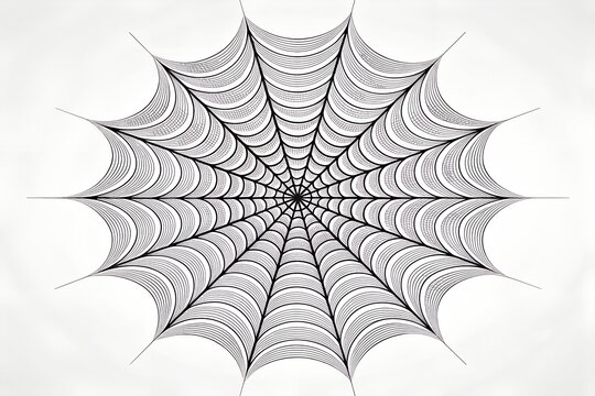 Intricate black spider web illustration featuring delicate symmetrical radial lines and fine geometric patterns isolated on a clean white background for seasonal spooky halloween decorations or artist