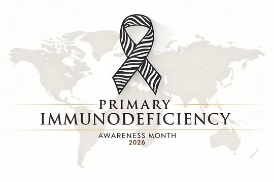 Zebra striped awareness ribbon graphic design for primary immunodeficiency awareness month twenty twenty six featuring a world map background in a clean professional style suitable for medical campaig