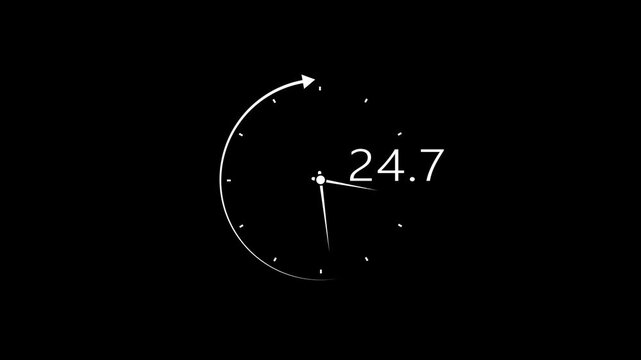 Minimalist white analog clock face with a thin outline and subtle tick marks, featuring a single arrow indicating a circular path and the digital display 24.7 against a stark black background