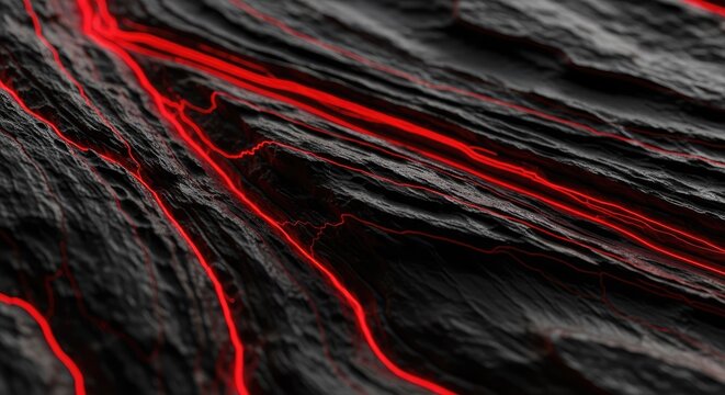 Diagonal glowing magma lines in textured dark rock.