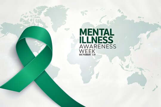 Green awareness ribbon symbolizing mental illness support and global solidarity for health advocacy displayed over a soft light grey world map background with bold dark green professional typography a