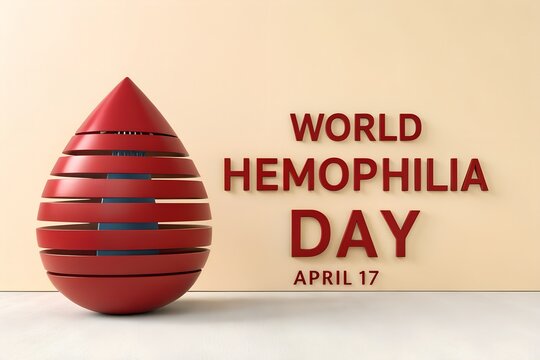 Abstract three dimensional red blood drop icon displayed next to bold dark red lettering for world hemophilia day observed on april seventeen against a smooth light beige studio wall background
