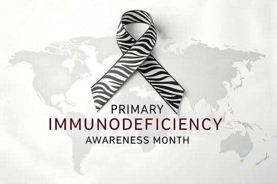 Primary immunodeficiency awareness month concept featuring a symbolic black and white zebra striped ribbon placed carefully over a light gray world map illustration to highlight global health support 