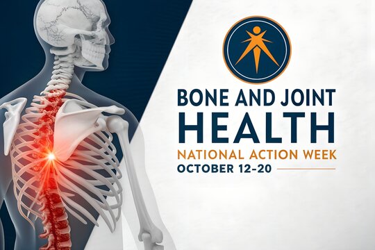 Human skeletal system illustration showing spine inflammation with red glowing pain indicators for bone and joint health awareness campaign featuring professional medical graphics and clean typography