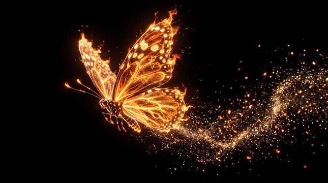 Fantasy butterfly with wings made of glowing fire and orange flames flying with sparkling golden dust trail on black background