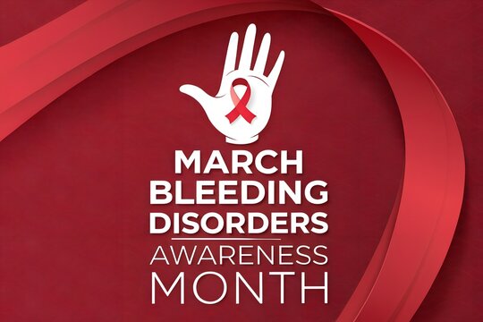 Bleeding disorders awareness month graphic featuring a white open hand icon centered with a red ribbon symbol set against a deep red textured background with flowing abstract curved shapes