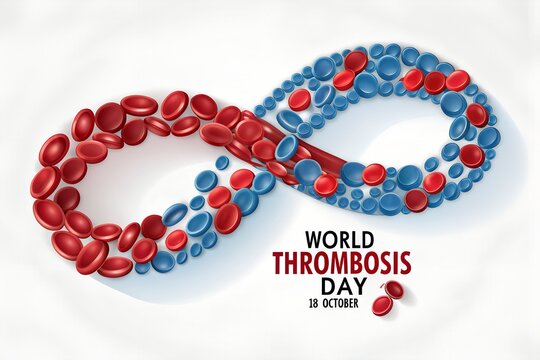 Red and blue blood cells arranged in a continuous infinity loop symbol representing awareness for world thrombosis day on a clean white background with bold professional medical typography and shadows