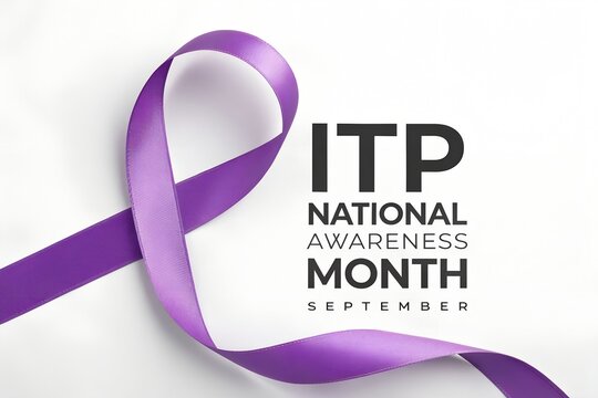 Bright purple awareness ribbon made of smooth silk fabric resting on a clean white background to represent the important ITP national awareness month campaign held annually during the month September.