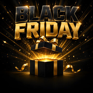 Black friday sale banner with open gift box and explosion of gold light and confetti.