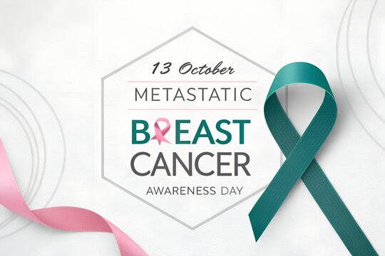 Teal and pink awareness ribbons designed for metastatic breast cancer awareness day featuring elegant typography and a clean white background to support health advocacy and raise awareness for patient