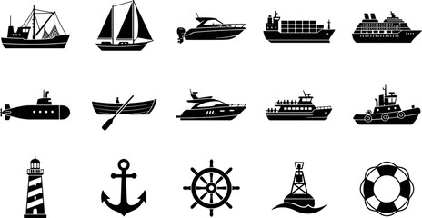 Collection of nautical and maritime silhouette icons featuring various types of ships boats lighthouse anchor steering wheel and buoy for navigation and ocean travel design concepts © creative zone