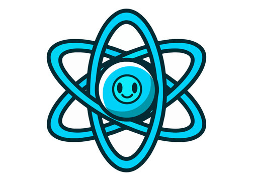 Happy blue atom symbol with orbiting electrons and smiling core