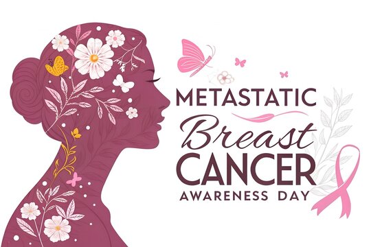 Elegant profile silhouette of a woman decorated with intricate floral patterns and butterflies alongside a pink ribbon representing metastatic breast cancer awareness day in a beautiful artistic digit
