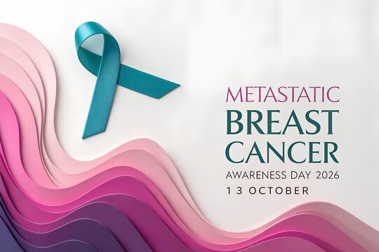 Teal ribbon representing metastatic breast cancer awareness day displayed on a soft layered paper background with elegant typography and deep pink gradients to commemorate the important medical event 