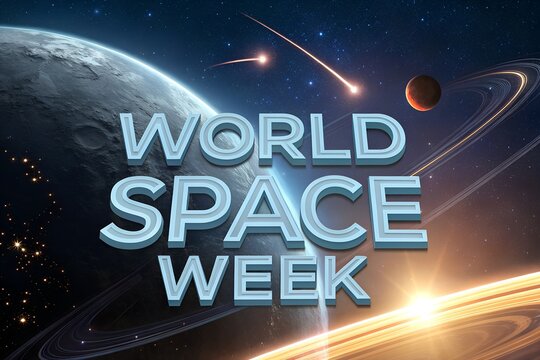 World space week text displayed in bold three dimensional blue letters centered over a vast cosmic background featuring glowing planets orbiting rings and bright shooting stars across the deep dark ga