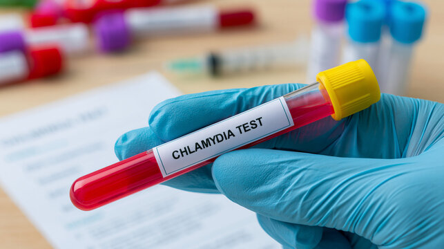 Gloved hand holding blood sample tube for chlamydia test in clinical laboratory setting.