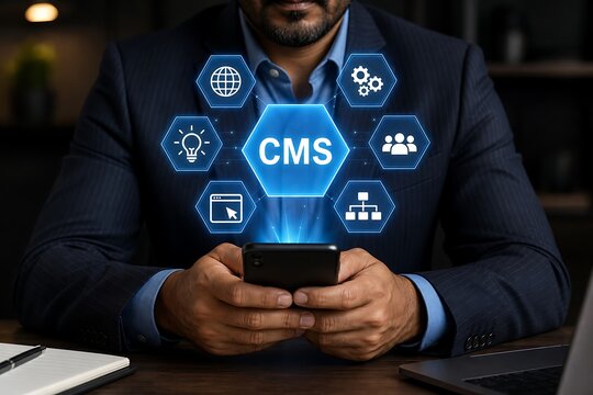 Businessman holding smartphone with glowing cms content management system interface